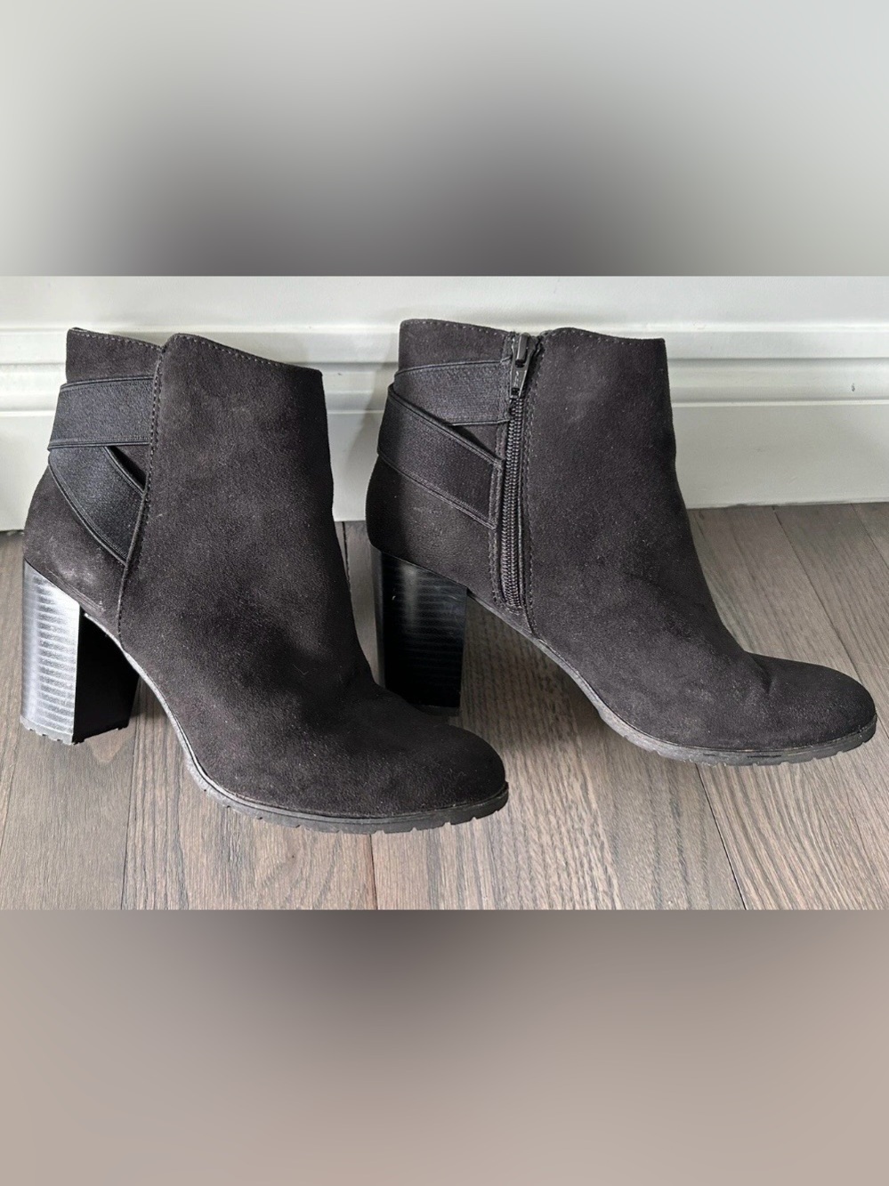 A New Day Black Suede Ankle Booties with Block Heel